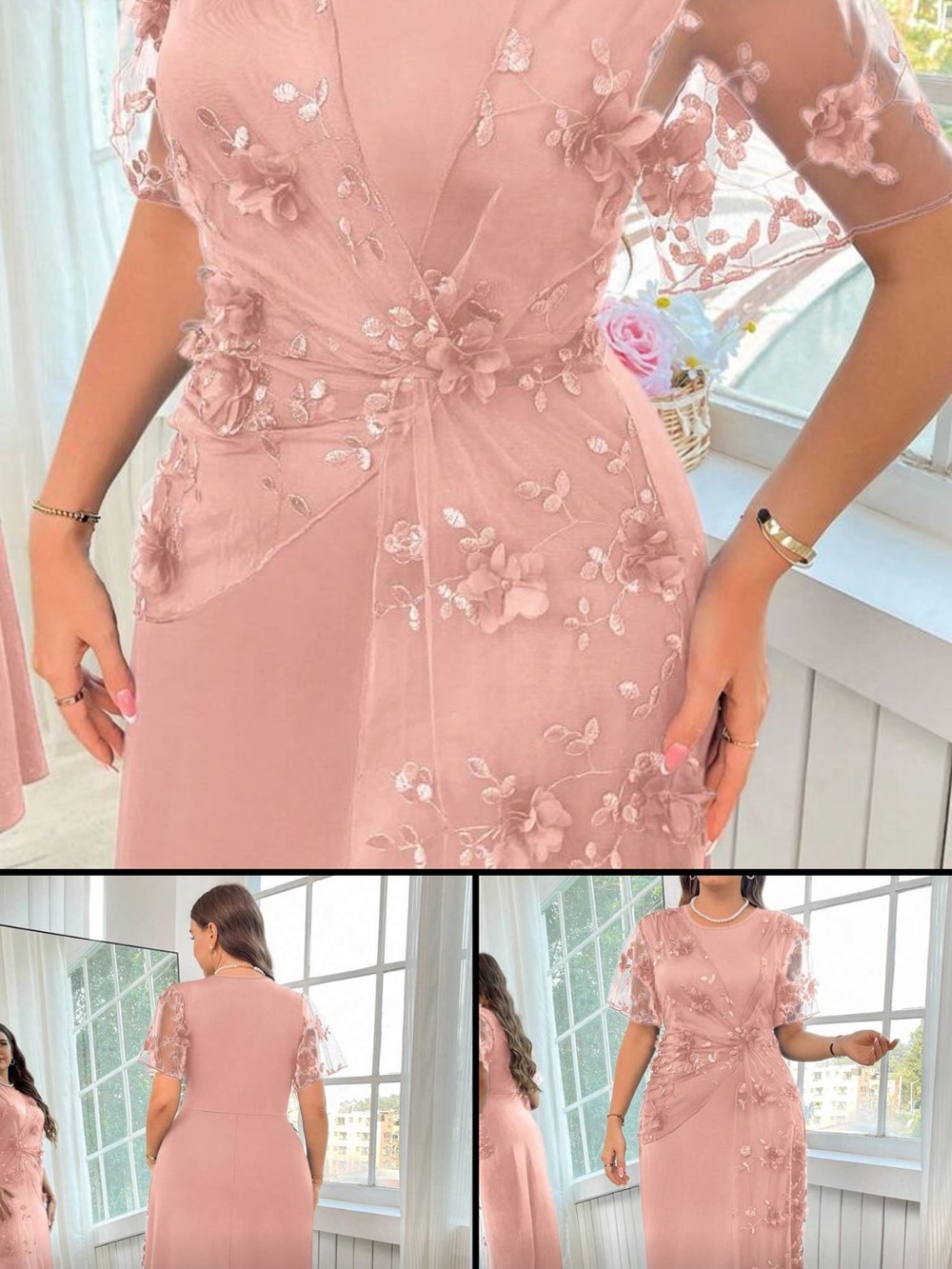 SHEIN Dusty Rose Floral Embroidered Maxi Dress